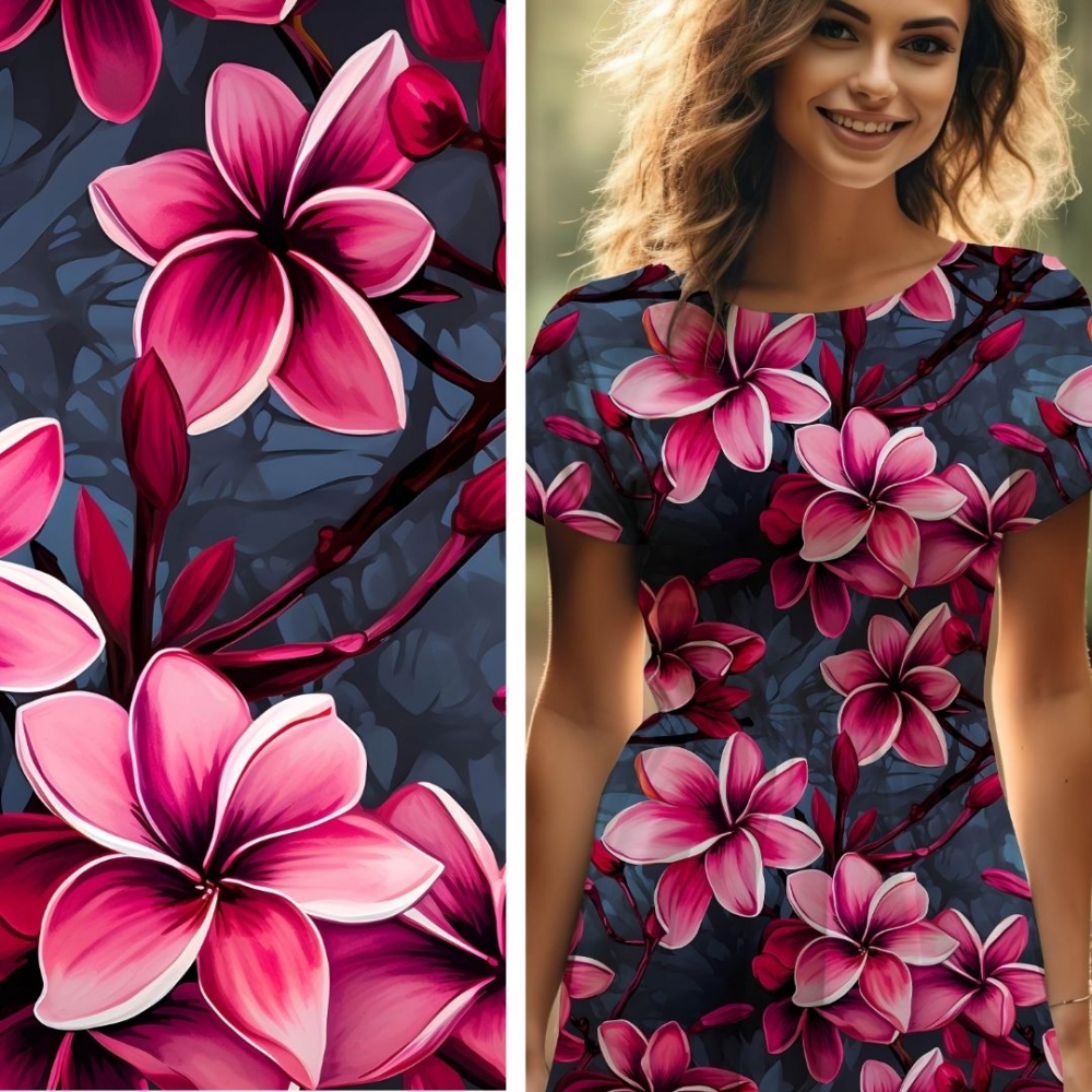 Bio Viskosejersey mit Überbreite (Stoffbreite ca. 170 cm): Eigenproduktion Plumeria magenta  - von Graustufen-Stoffe